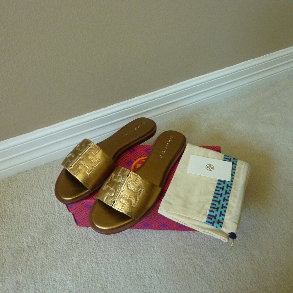 Tory Burch 'Ines' Leather Metallic Logo Slides 7.5